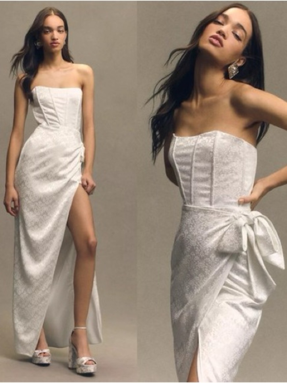 V. Chapman June Corset Jacquard Front-Slit Strapless White Lace Corset Gown